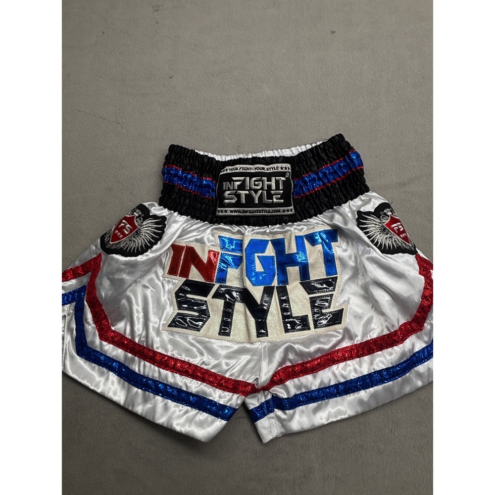 InFightStyle Muay Thai Shorts White Red Blue Satin Combat Sports Size Small